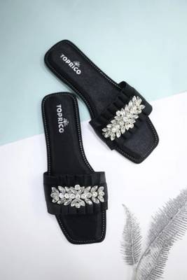 Black crystal embellished faux leather slip-on flats for women 2