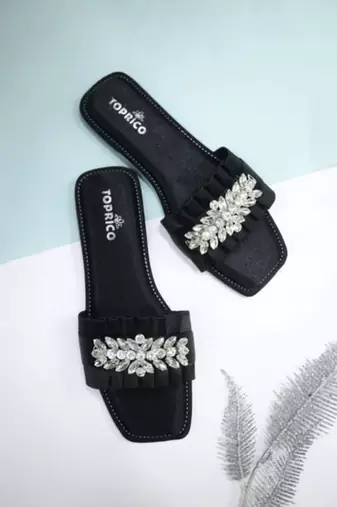 Black crystal embellished faux leather slip-on flats for women