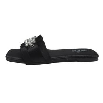 Black crystal embellished faux leather slip-on flats for women 3