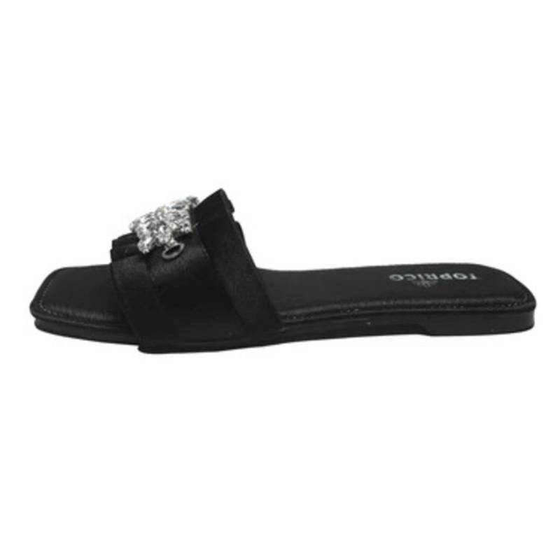 Black crystal embellished faux leather slip-on flats for women