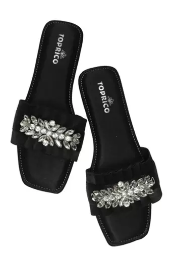 Black crystal embellished faux leather slip-on flats for women