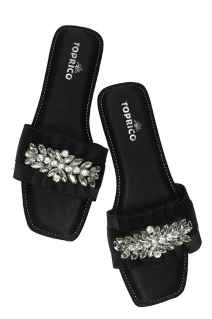 Black crystal embellished faux leather slip-on flats for women