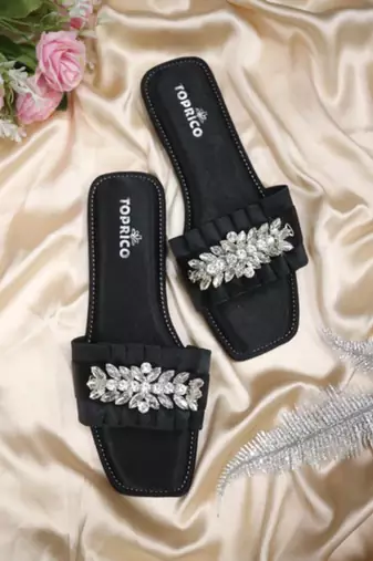 Black crystal embellished faux leather slip-on flats for women
