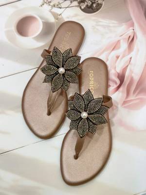 Gold beaded faux leather flower t-strap flats for women 1
