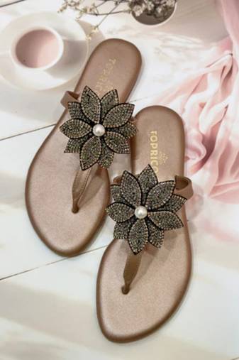 Gold beaded faux leather flower t-strap flats for women