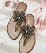 Gold beaded faux leather flower t-strap flats for women