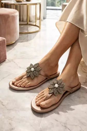 Gold beaded faux leather flower t-strap flats for women
