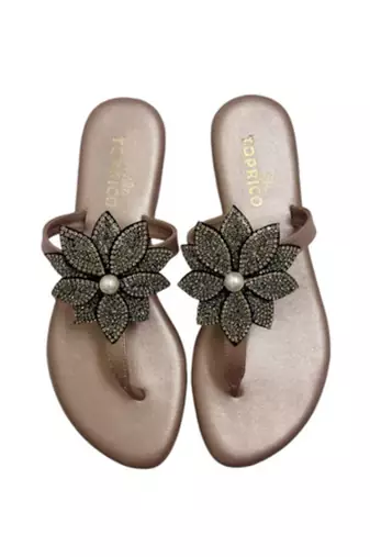 Gold beaded faux leather flower t-strap flats for women
