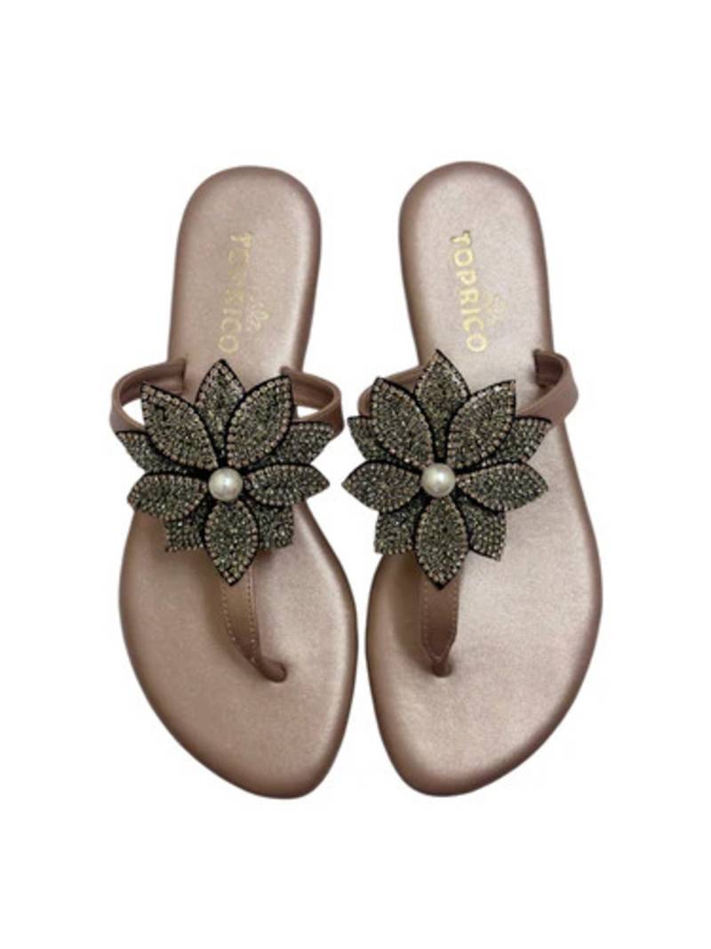 Gold beaded faux leather flower t-strap flats for women