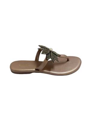 Gold beaded faux leather flower t-strap flats for women 4