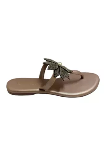 Gold beaded faux leather flower t-strap flats for women