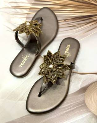 Gold beaded faux leather flower t-strap flats for women 1
