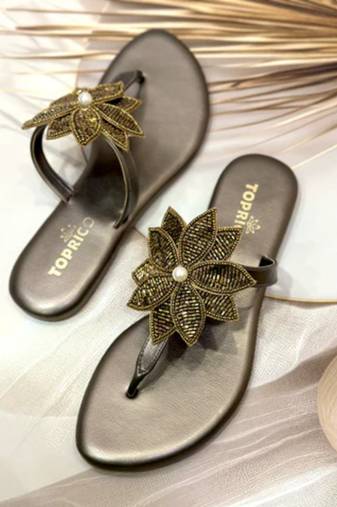 Gold beaded faux leather flower t-strap flats for women