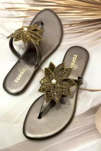 Gold beaded faux leather flower t-strap flats for women