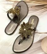 Gold beaded faux leather flower t-strap flats for women