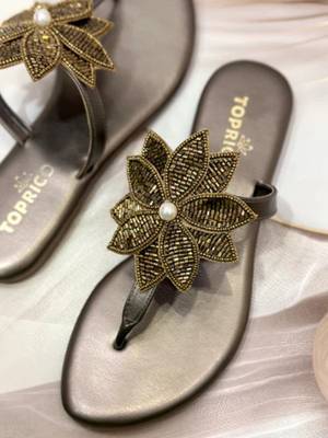 Gold beaded faux leather flower t-strap flats for women 2