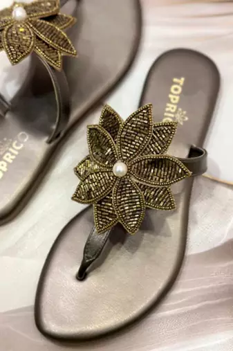 Gold beaded faux leather flower t-strap flats for women