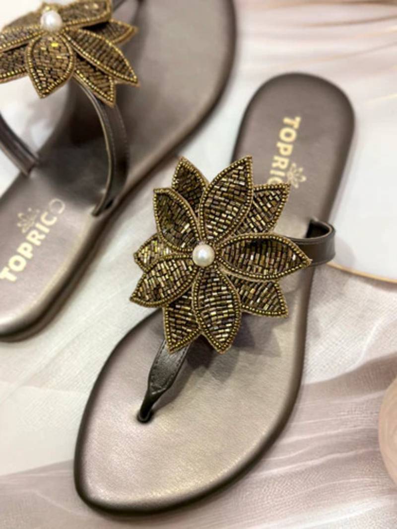 Gold beaded faux leather flower t-strap flats for women