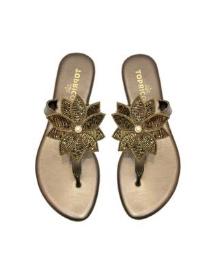 Gold beaded faux leather flower t-strap flats for women 3