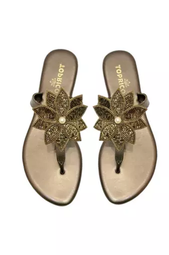 Gold beaded faux leather flower t-strap flats for women