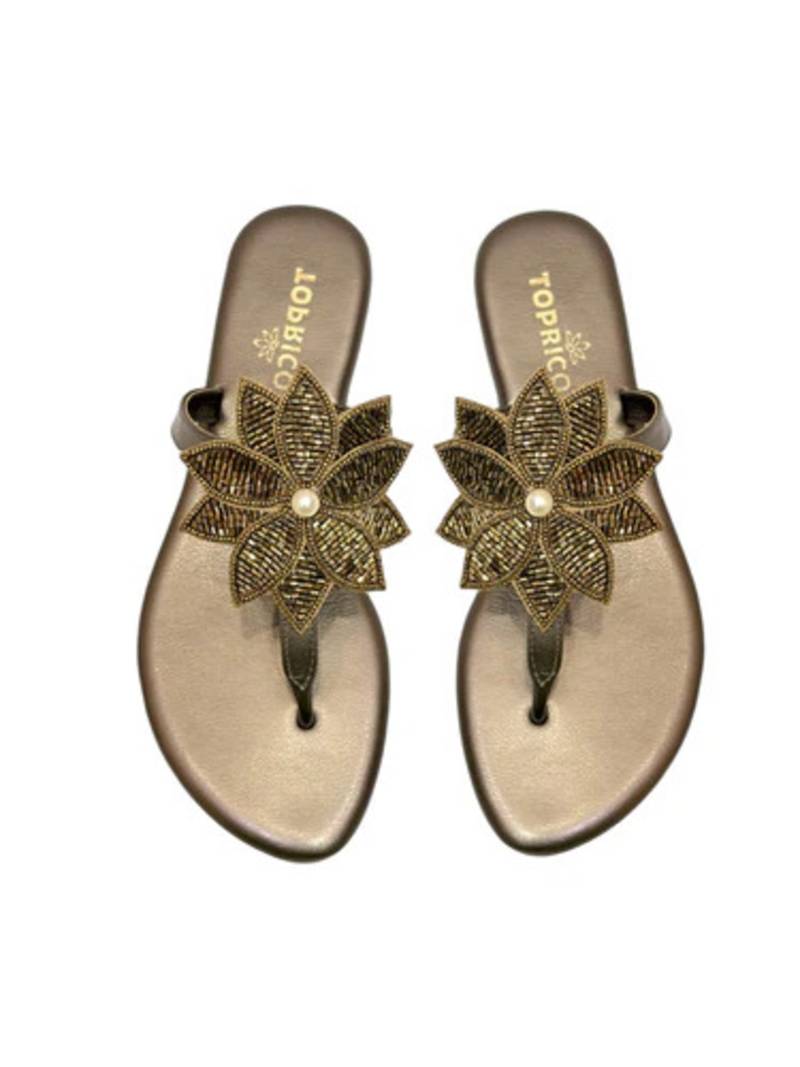Gold beaded faux leather flower t-strap flats for women