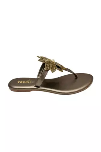 Gold beaded faux leather flower t-strap flats for women