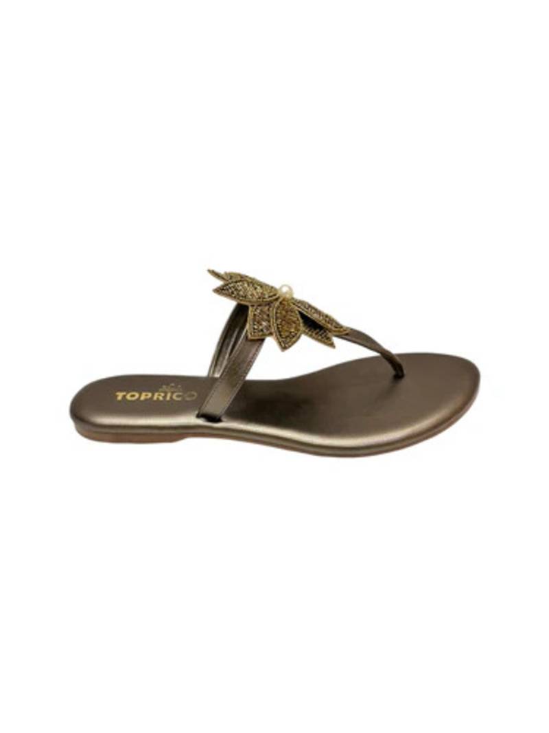 Gold beaded faux leather flower t-strap flats for women