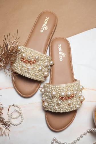 Tan pearl embellished faux leather flats for women
