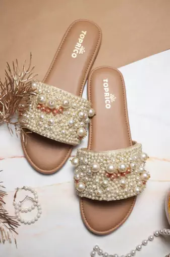 Tan pearl embellished faux leather flats for women