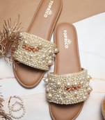 Tan pearl embellished faux leather flats for women