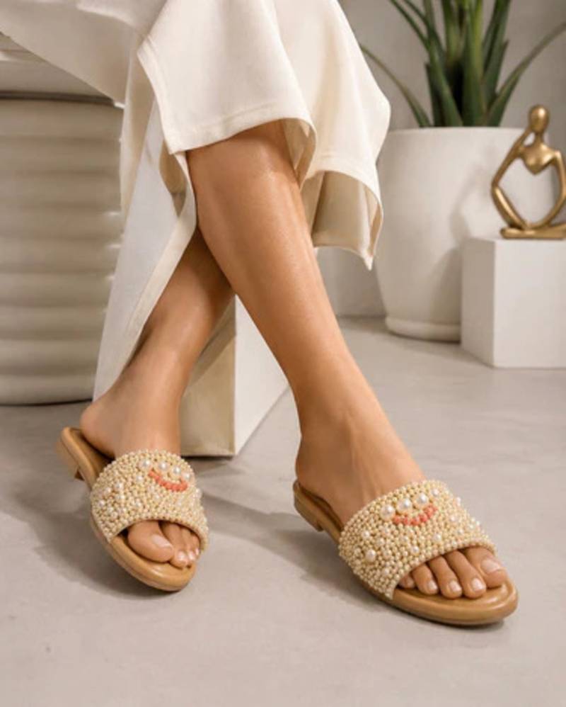 Tan pearl embellished faux leather flats for women