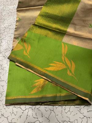 New Banarasi Soft Silk Blend Cream Color Woven Saree With Blouse Set For Women's 5