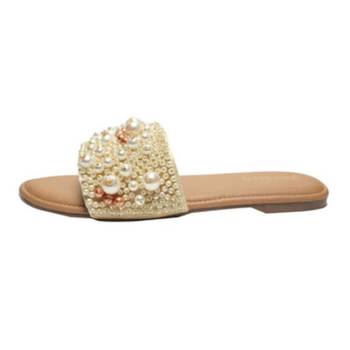 Tan pearl embellished faux leather flats for women 3