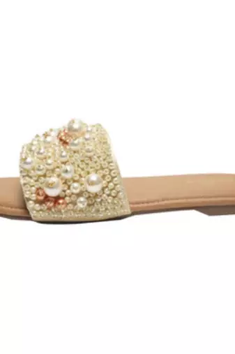 Tan pearl embellished faux leather flats for women
