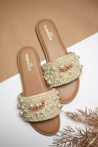 Tan pearl embellished faux leather flats for women