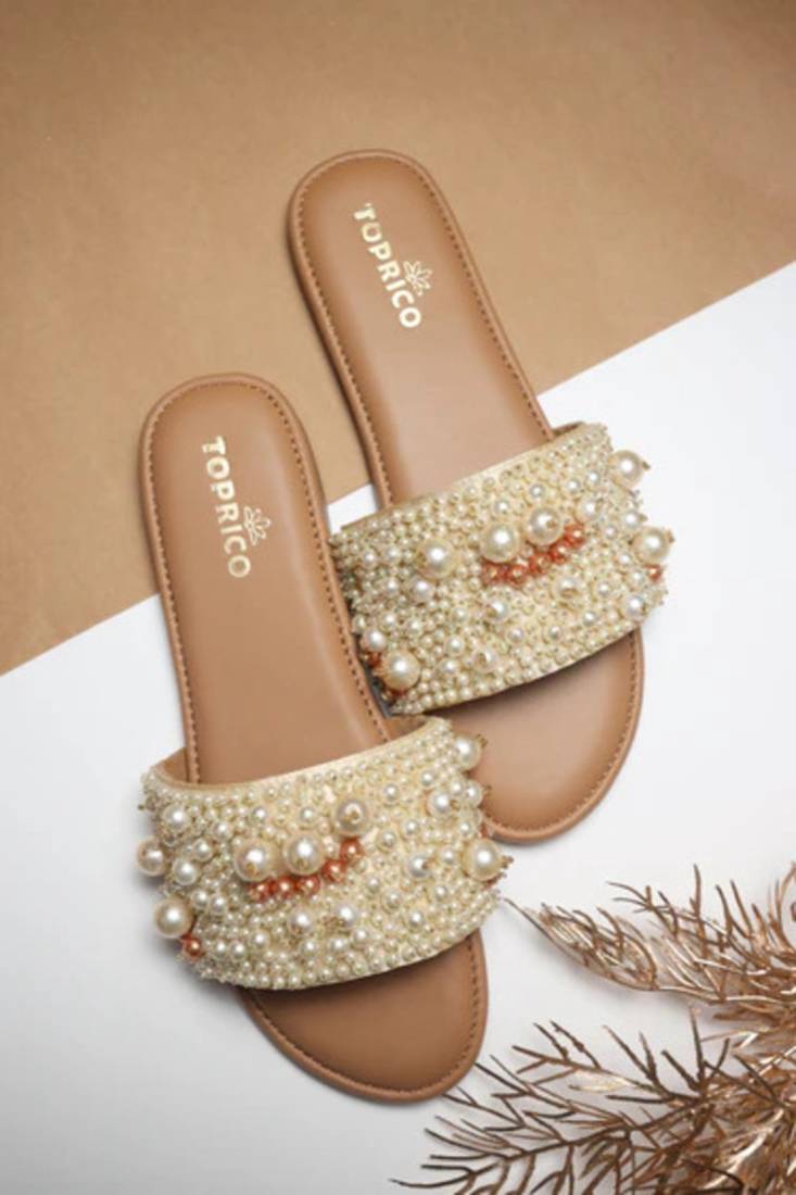 Tan pearl embellished faux leather flats for women
