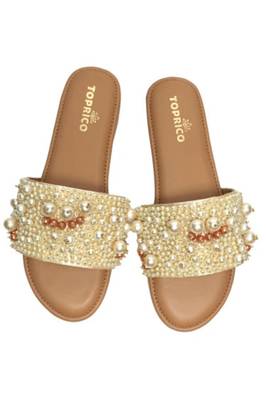 Tan pearl embellished faux leather flats for women 5