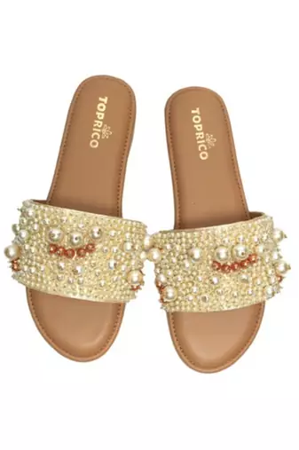 Tan pearl embellished faux leather flats for women