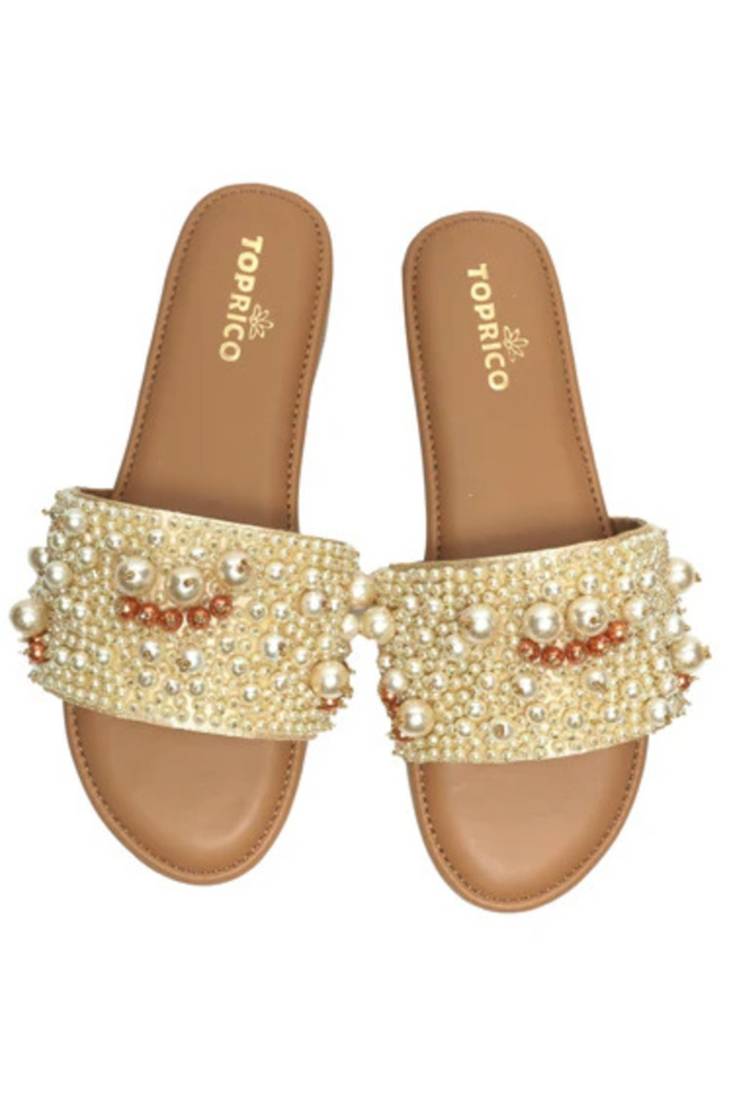 Tan pearl embellished faux leather flats for women