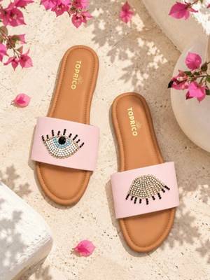 Tan beaded faux leather evil eye flats for women 1