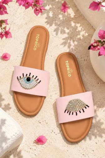 Tan beaded faux leather evil eye flats for women