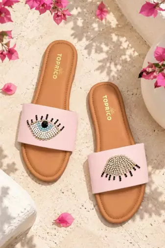 Tan beaded faux leather evil eye flats for women