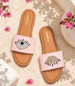 Tan beaded faux leather evil eye flats for women