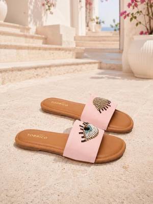 Tan beaded faux leather evil eye flats for women 2