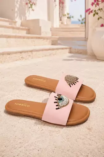 Tan beaded faux leather evil eye flats for women