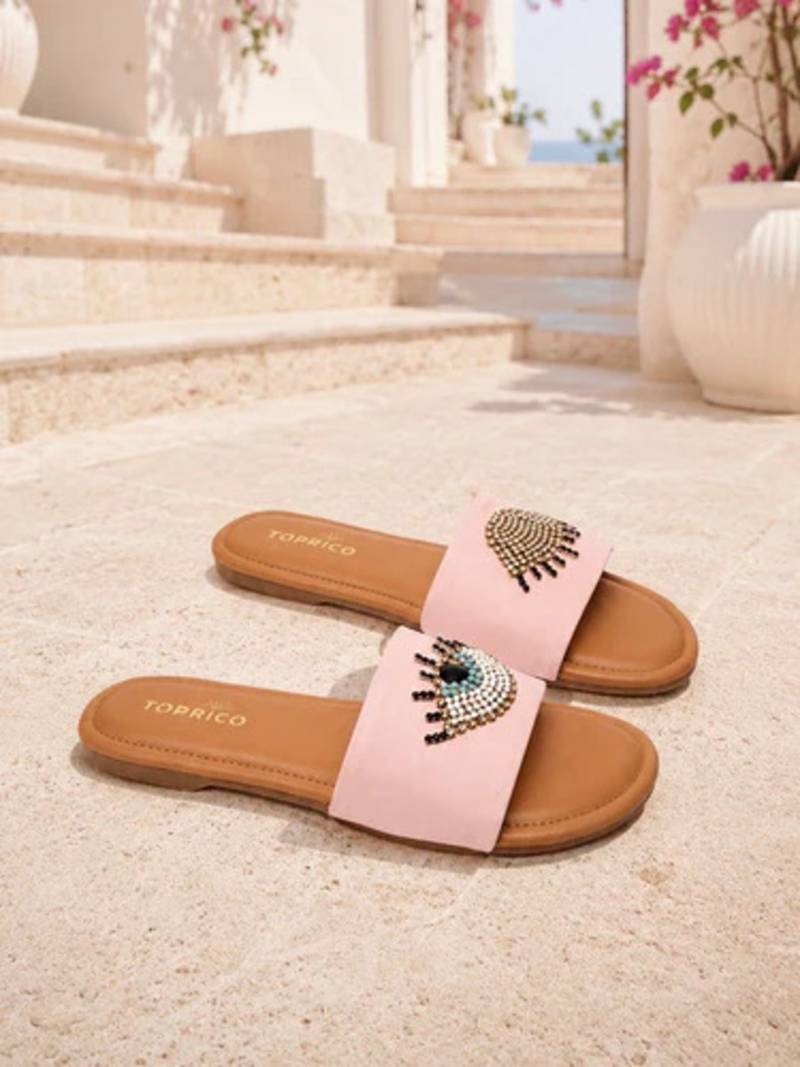 Tan beaded faux leather evil eye flats for women