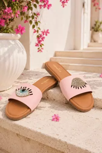 Tan beaded faux leather evil eye flats for women