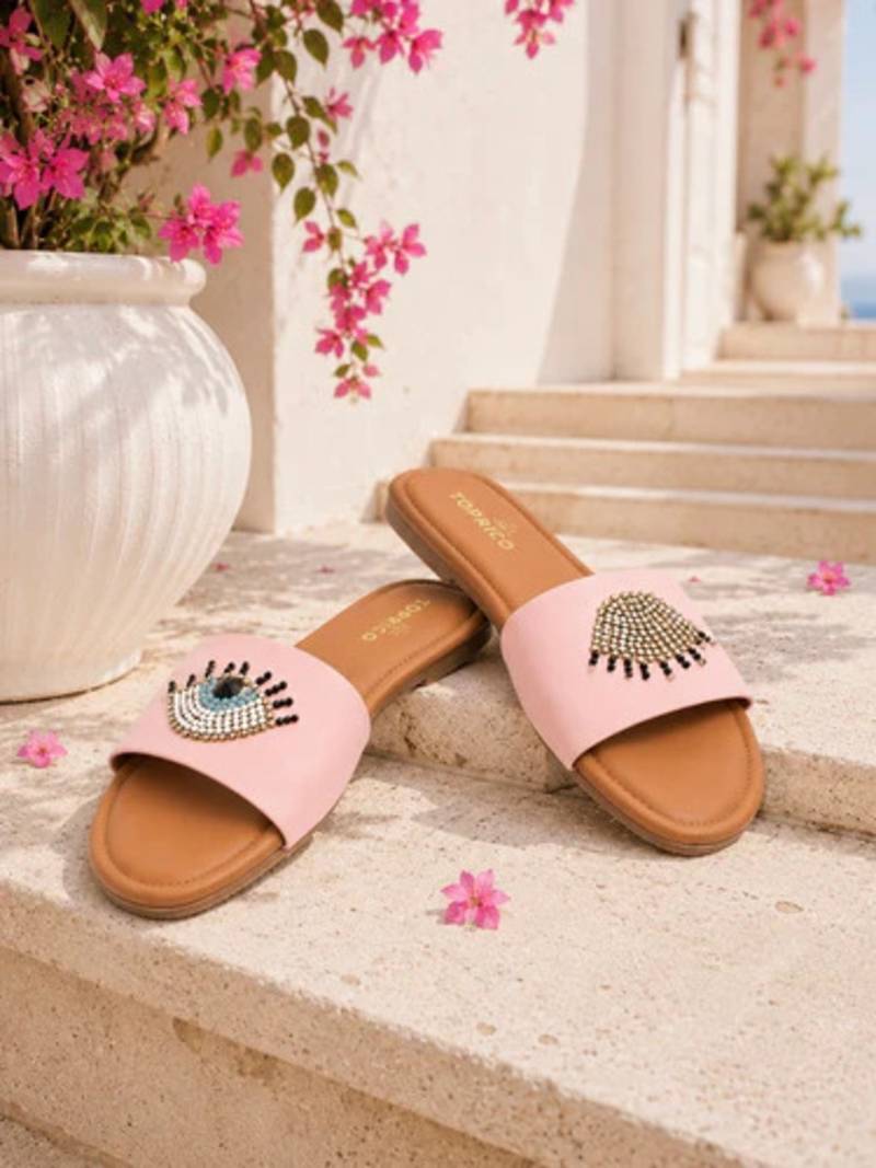 Tan beaded faux leather evil eye flats for women
