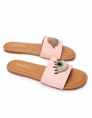 Tan beaded faux leather evil eye flats for women 4