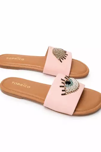 Tan beaded faux leather evil eye flats for women